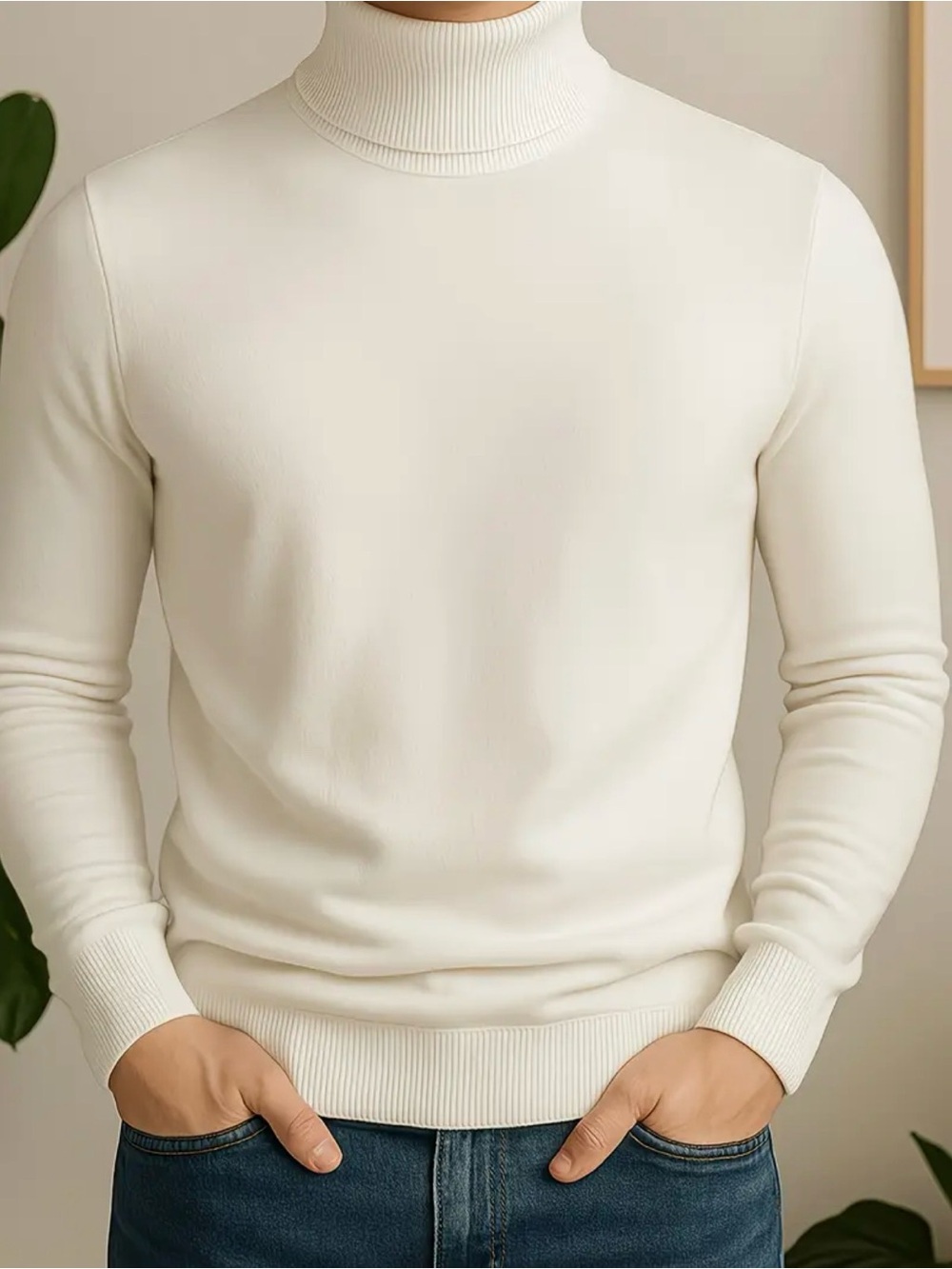 Men's Cream Turtleneck Sweater - Minimalist Knit